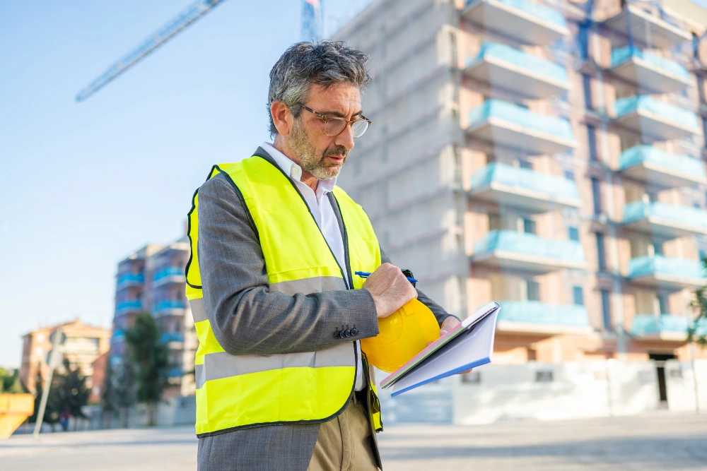 Un tecnico analizza il POS sicurezza sul lavoro in un cantiere edile.